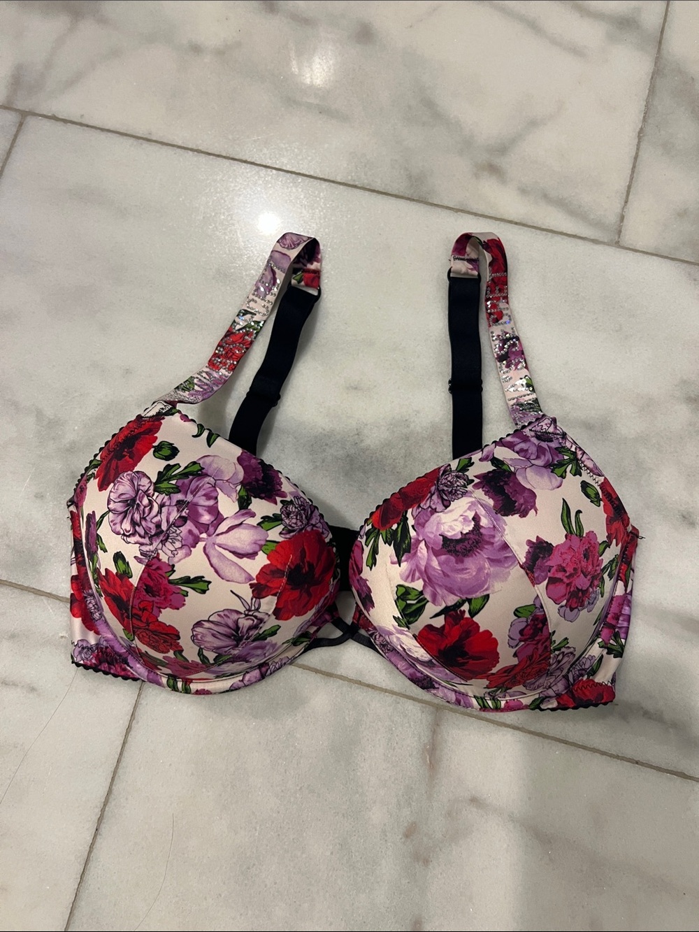 Floral Underwire Push-Up Bra in Pink and Purple
